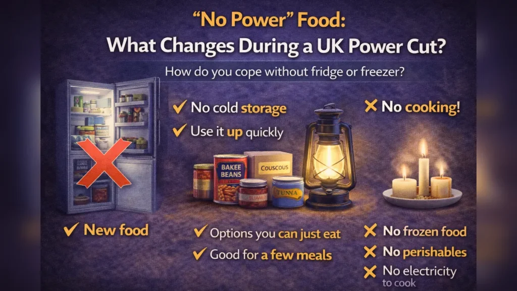 Infographic showing “No Power” food choices during a UK power cut, focusing on shelf-stable foods and avoiding fridge/freezer reliance.