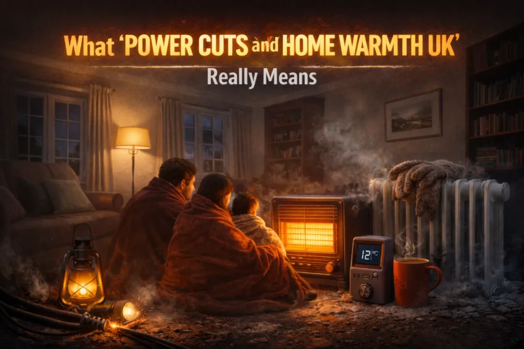 Family keeping warm together in a UK living room during a power cut using blankets, a portable heater, and emergency lighting.