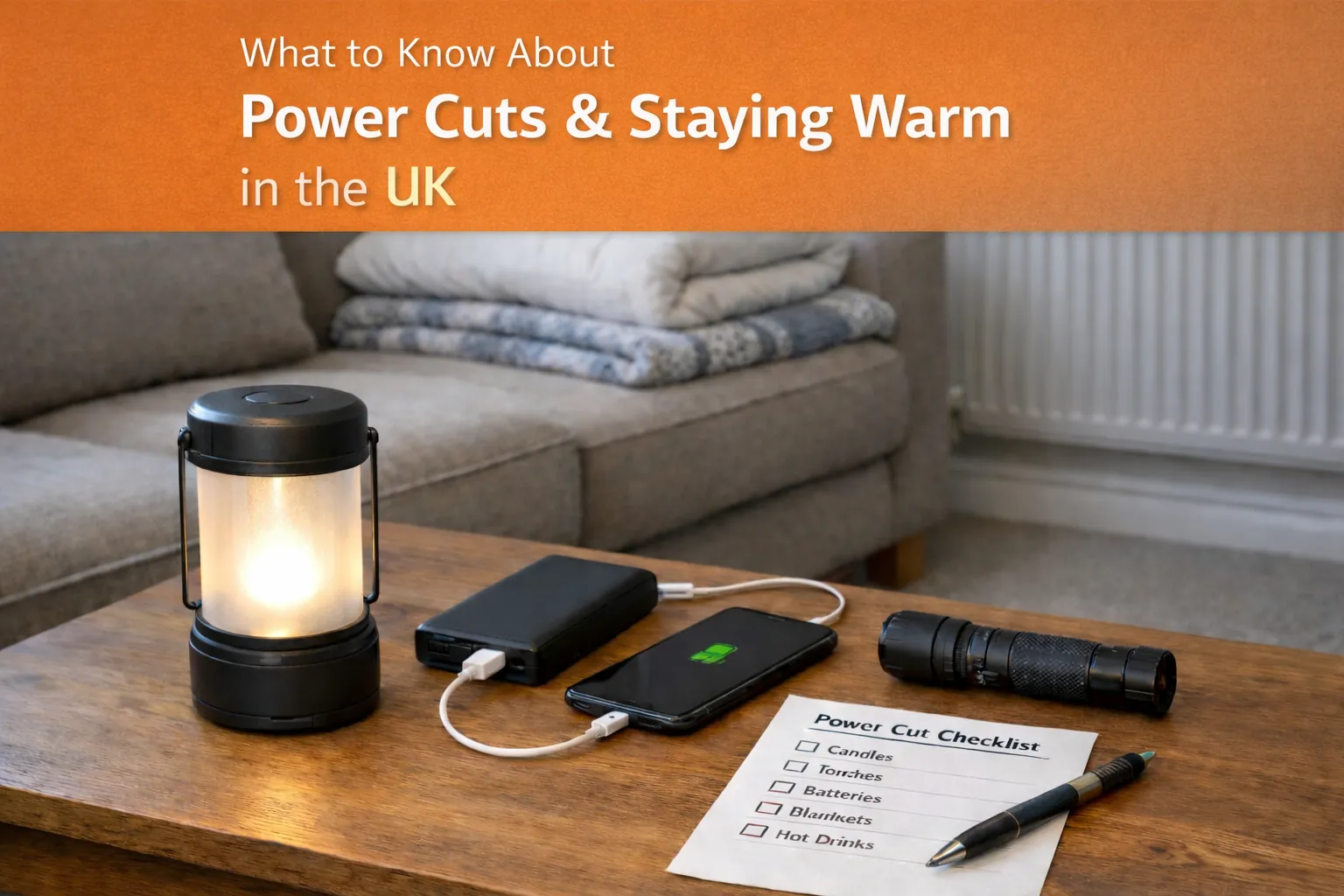Photorealistic UK living room prepared for a power cut, showing a lantern, torch, charging phone, checklist, blankets, and a radiator in calm daylight.