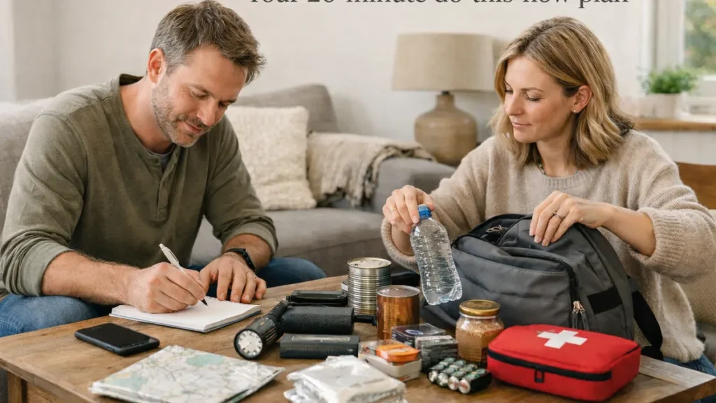 Couple at a coffee table in a calm UK living room, writing a quick checklist and packing a bag with basic emergency items.
