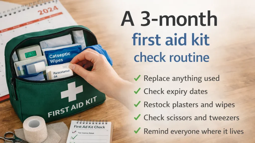Open first aid kit on a wooden table in a calm UK home, with a hand checking supplies and a text overlay listing a simple 3-month first aid kit check routine.