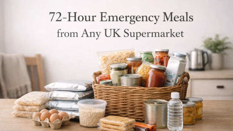 Feature image showing a basket of 72-hour emergency meal staples on a tidy kitchen table, with the headline “72-Hour Emergency Meals from Any UK Supermarket