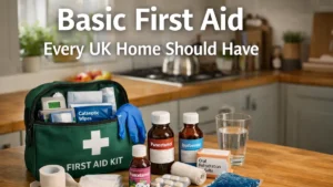 First aid kit and basic supplies laid out on a wooden kitchen worktop in a calm UK home, with the headline “Basic First Aid kit UK Home Should Have”.