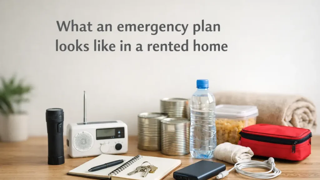 Calm UK rented-home emergency plan scene: torch, radio, water bottle, tinned food, notebook with keys, power bank and cable on a tidy wooden table, soft daylight and blank wall space.
