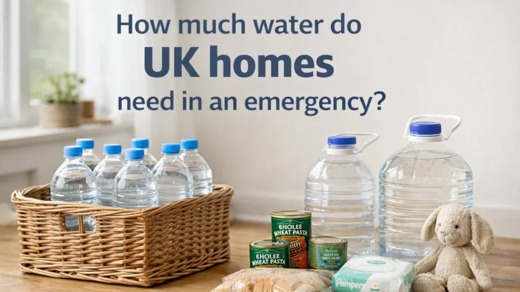 Basket of bottled water and two large water containers with a few tins and baby essentials on the floor in a bright UK home.