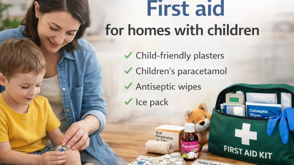 Mum putting a plaster on a child’s knee at home, with a first aid kit and kid-friendly supplies on the table, plus a “First aid for homes with children” checklist overlay.