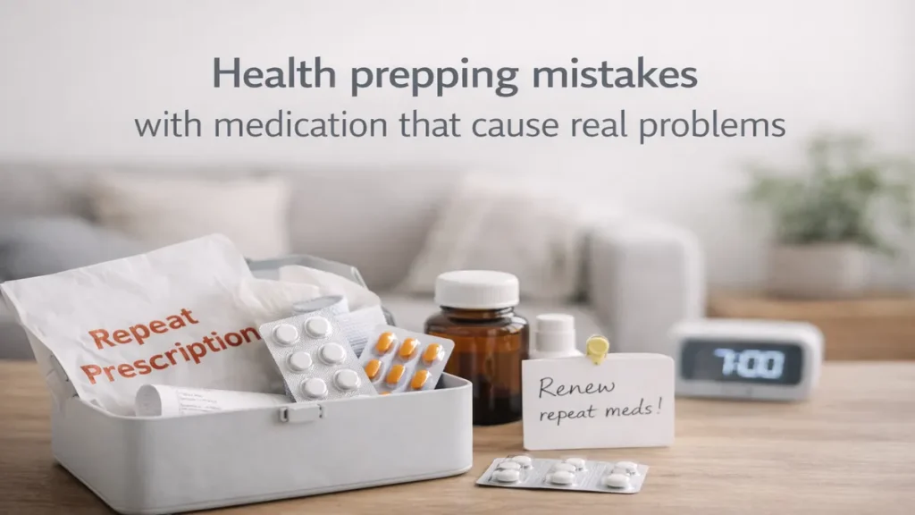 Medication prepping scene on a wooden table with an amber pill bottle, blister packs, repeat prescription items and a reminder note, in a calm UK living room with clean space for the heading.