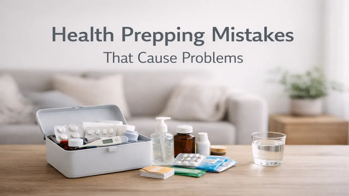 Calm UK living room scene with a home first aid kit, thermometer, plasters, medicines, hand sanitiser and a glass of water on a wooden table, with clean space above for a headline.