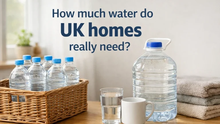 Wicker basket of bottled water and a large water container on a kitchen table in a bright UK home, with a mug and glass.