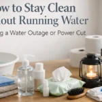 Calm UK kitchen counter with a small wash basin, towels, hand sanitiser, wipes and a lantern set up for staying clean during a water outage or power cut.