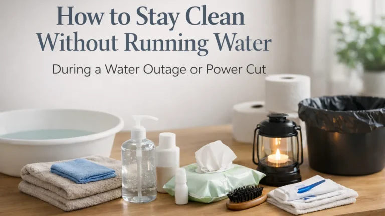 Calm UK kitchen counter with a small wash basin, towels, hand sanitiser, wipes and a lantern set up for staying clean during a water outage or power cut.