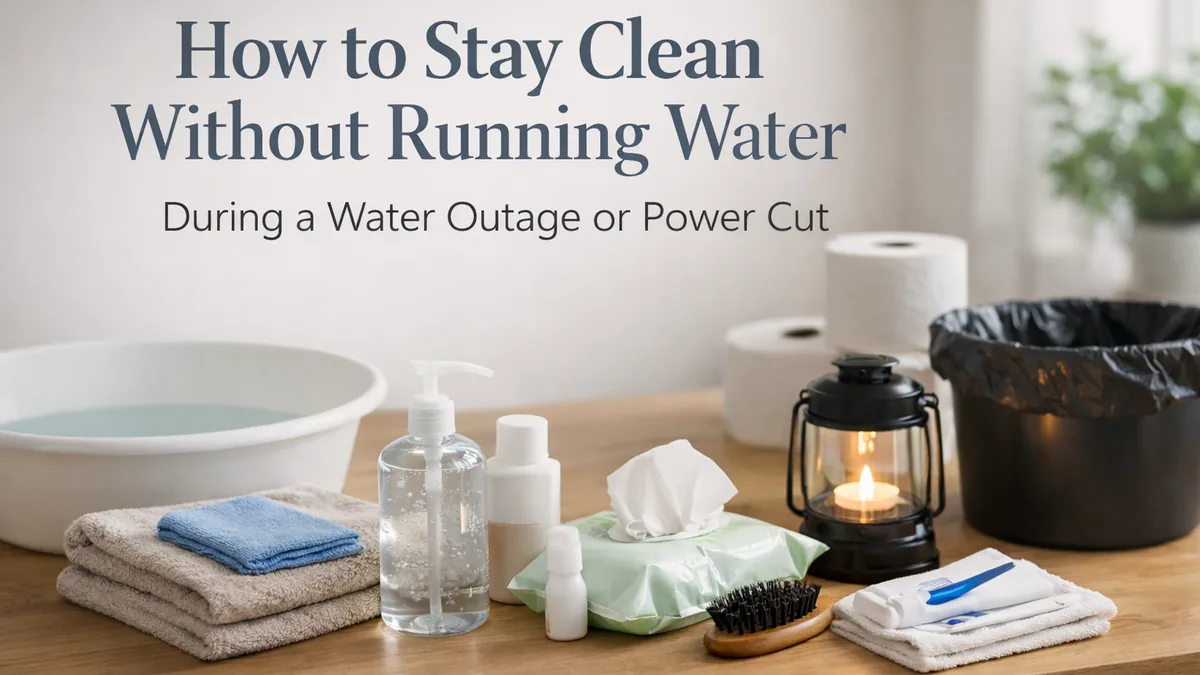 Calm UK kitchen counter with a small wash basin, towels, hand sanitiser, wipes and a lantern set up for staying clean during a water outage or power cut.