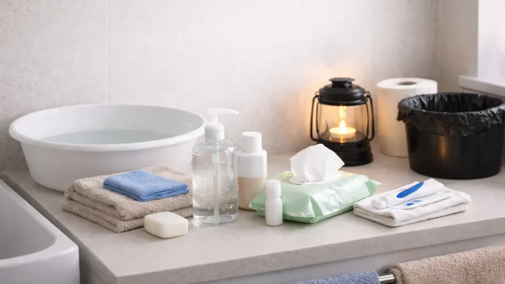 Calm hygiene station set up on a UK bathroom countertop with a washing bowl, towels, soap, wipes, and a lantern during a water or power disruption.
