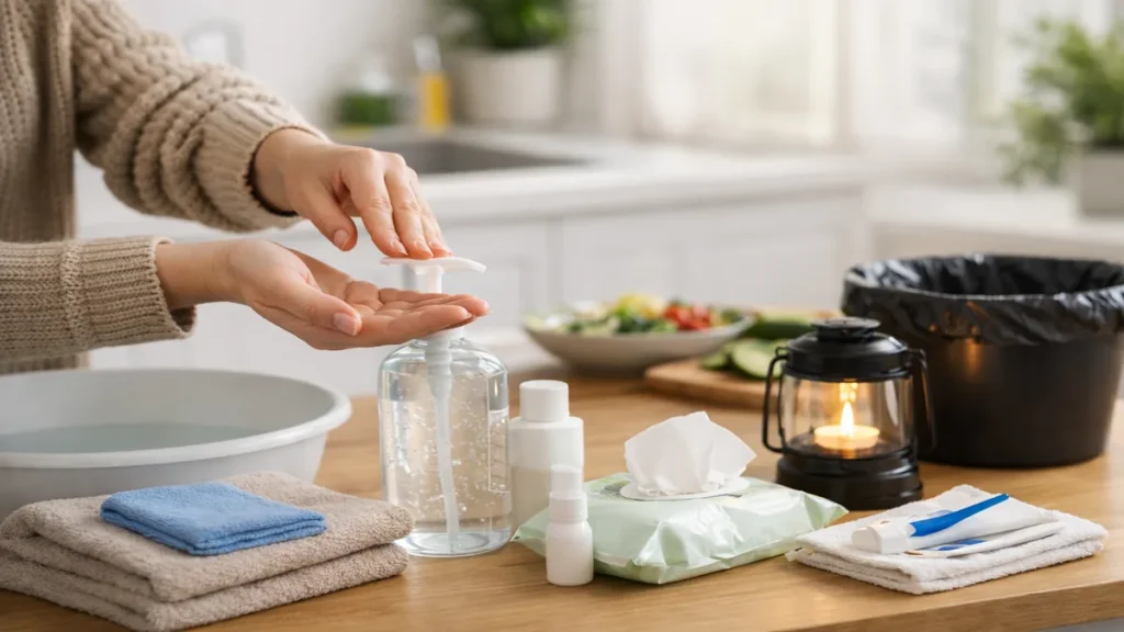 Hands using hand sanitiser at a kitchen counter in a calm UK home during a water or power disruption
