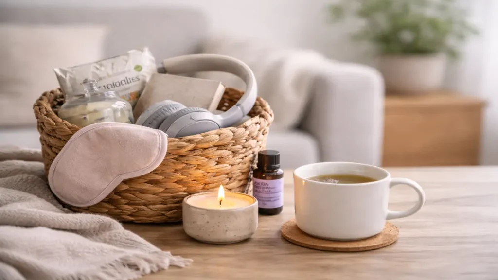 Calm UK living room scene with a small comfort basket, sleep mask, headphones, tea mug and a candle on a wooden table in soft daylight.