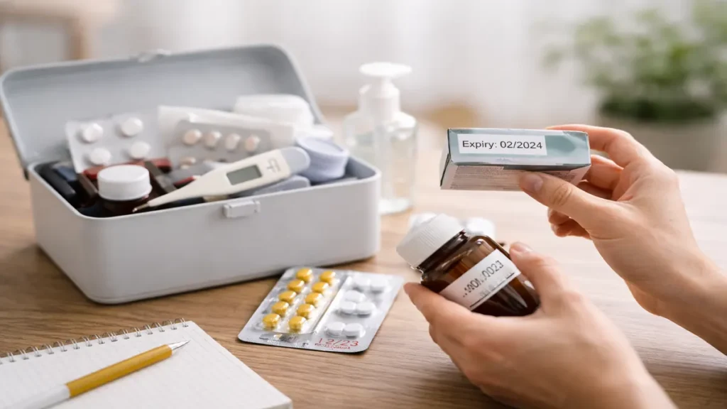 Hands checking expiry dates on medicine packaging and a pill bottle beside a home first aid kit on a wooden table in soft daylight.