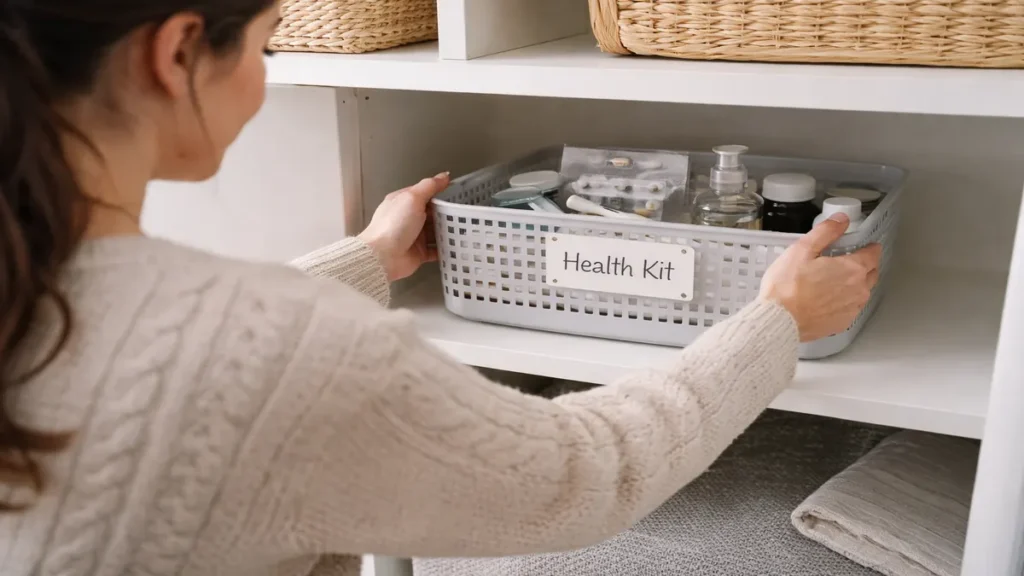Person placing a labelled health kit basket on an easy-to-reach low shelf in a tidy UK home cupboard, showing practical storage that’s accessible.
