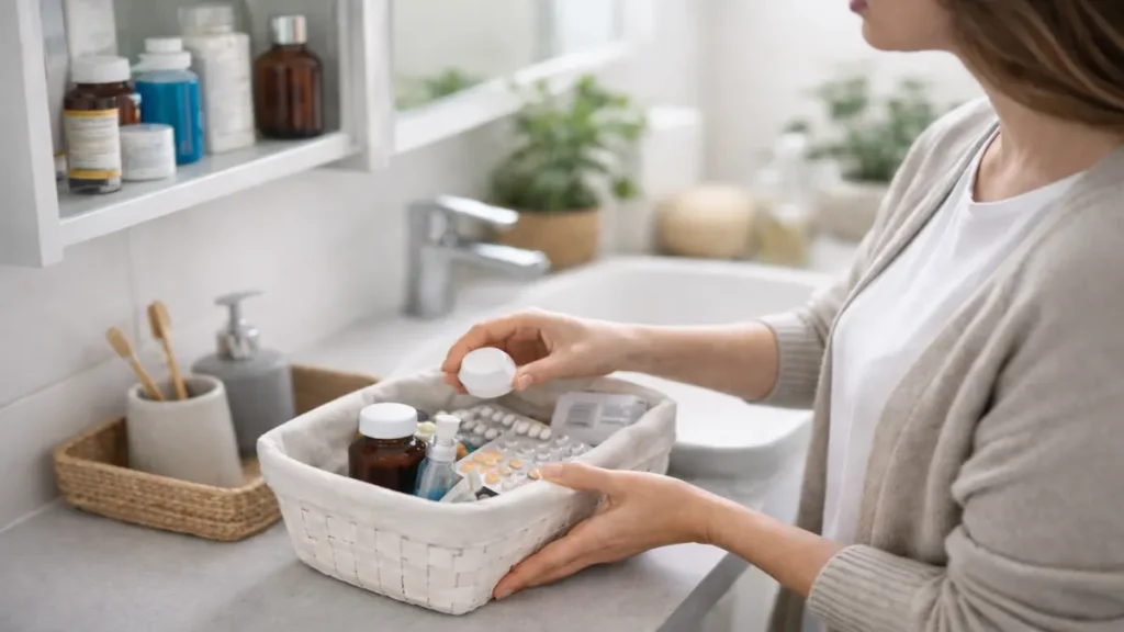 Person moving medicines out of a bathroom cabinet into a small basket on a clean countertop in a calm UK bathroom.