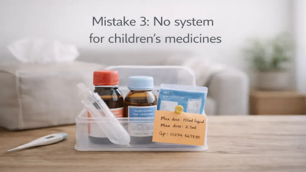 Clear labelled box with children’s medicines, dosing syringe and a note card on a wooden table in a calm UK living room, with clean space above for a heading