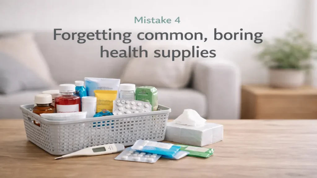 Basket of everyday health supplies on a wooden coffee table in a calm UK living room, with tissues, thermometer, blister packs and basic medicines, plus clear space for a heading.