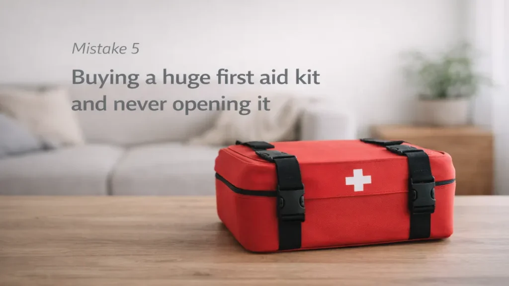 Large closed first aid kit on a wooden table in a calm UK living room, with clean negative space for text to highlight the mistake of buying a kit and never opening it.
