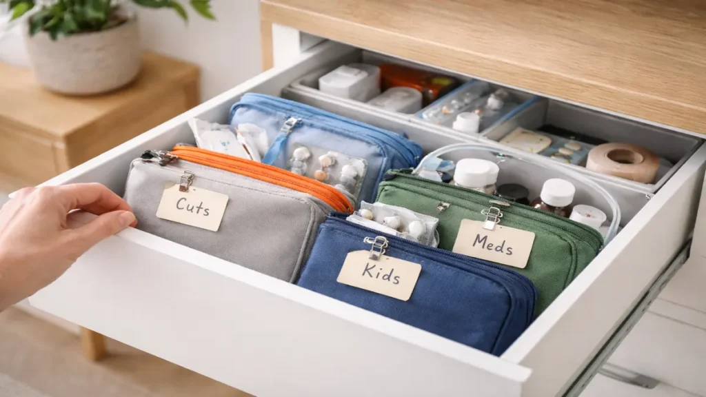 Open drawer in a tidy UK home with an organised health kit, labelled pouches for cuts, meds and kids, showing how clear storage makes items easy to find.