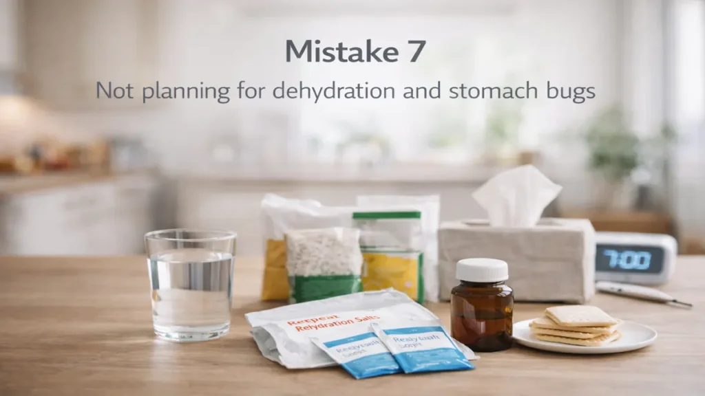 Glass of water, rehydration salts sachets, crackers and basic sick-day supplies on a wooden table in a calm UK kitchen, with soft daylight and clear space for text.