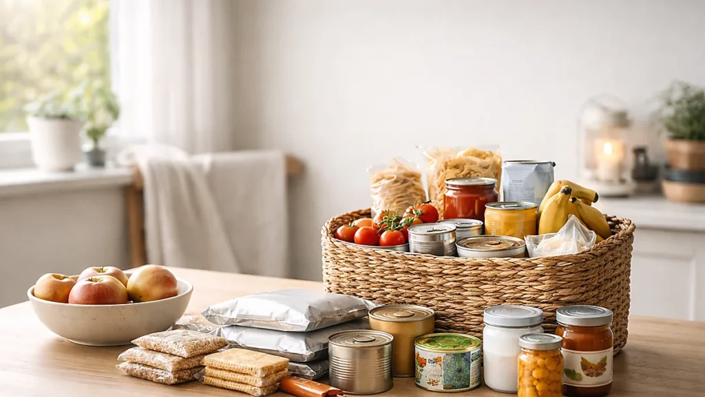 Woven basket of 72-hour supermarket food essentials on a tidy UK kitchen table in soft daylight, with clean wall space for a headline.