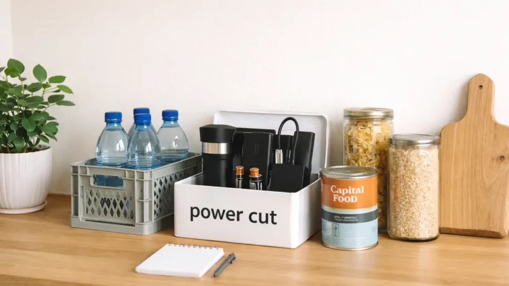 Neatly arranged power cut essentials on a UK kitchen counter, including bottled water, a small kit box, and cupboard staples.
