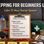 Prepping for beginners UK feature image showing a 72-hour prep checklist on a coffee table with water, torch, power bank, first aid kit, and tinned food in a calm UK living room.