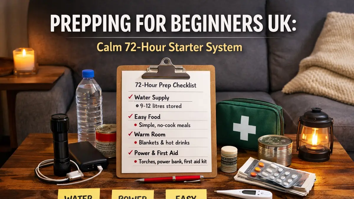 Prepping for beginners UK feature image showing a 72-hour prep checklist on a coffee table with water, torch, power bank, first aid kit, and tinned food in a calm UK living room.