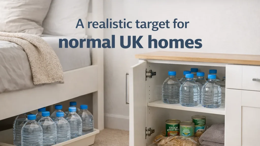 Water bottles stored under a bed and inside a low cupboard in a bright UK home, showing a realistic emergency water stash.
