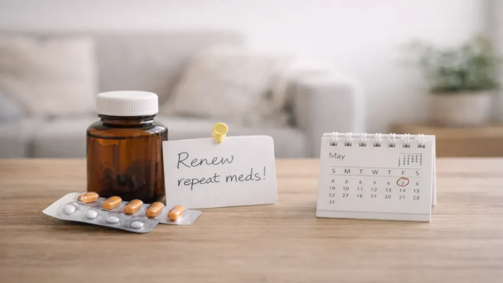 Amber pill bottle and blister packs on a wooden table beside a reminder note and small desk calendar, in a calm UK living room.