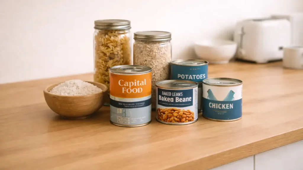 Everyday pantry staples on a UK kitchen counter, with jars of rice and pasta and a few tins arranged neatly.