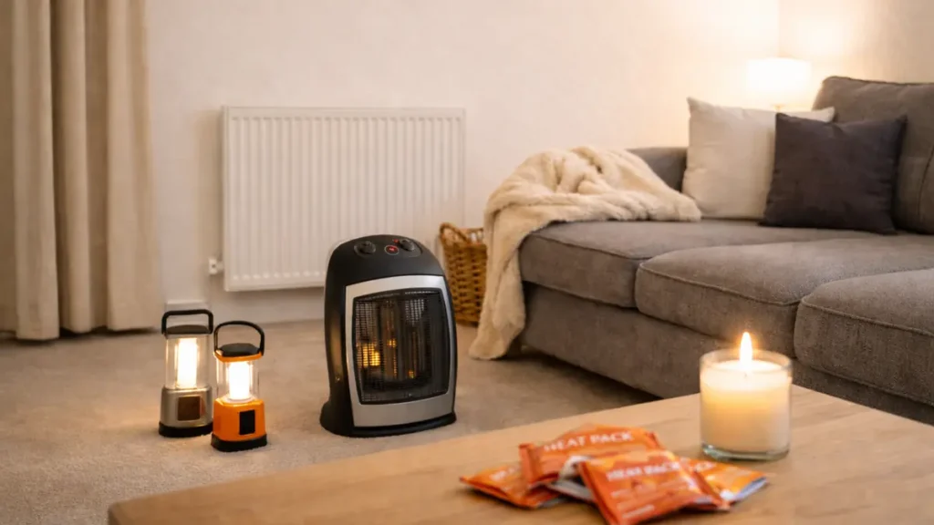 Cozy UK living room set up for warmth with a small heater, lanterns, blanket on the sofa, and a candle on the coffee table.