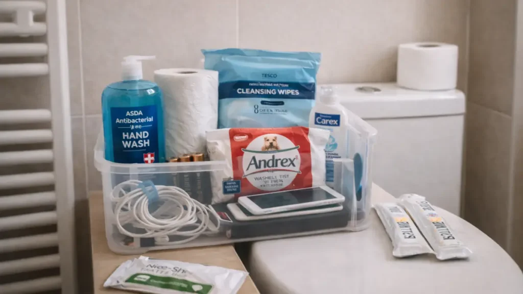 Emergency hygiene and toilet supplies in a clear box beside a UK toilet, including wipes, hand wash, toilet roll, and small essentials.