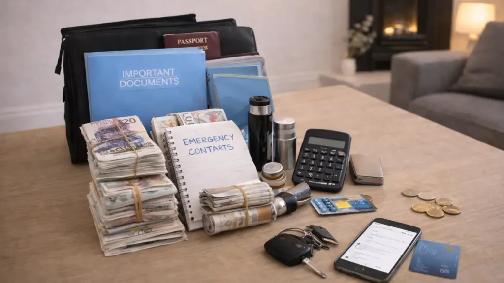 Important documents and emergency essentials laid out on a table in a UK living room, including a document wallet, contacts notebook, cash, keys, and a phone.