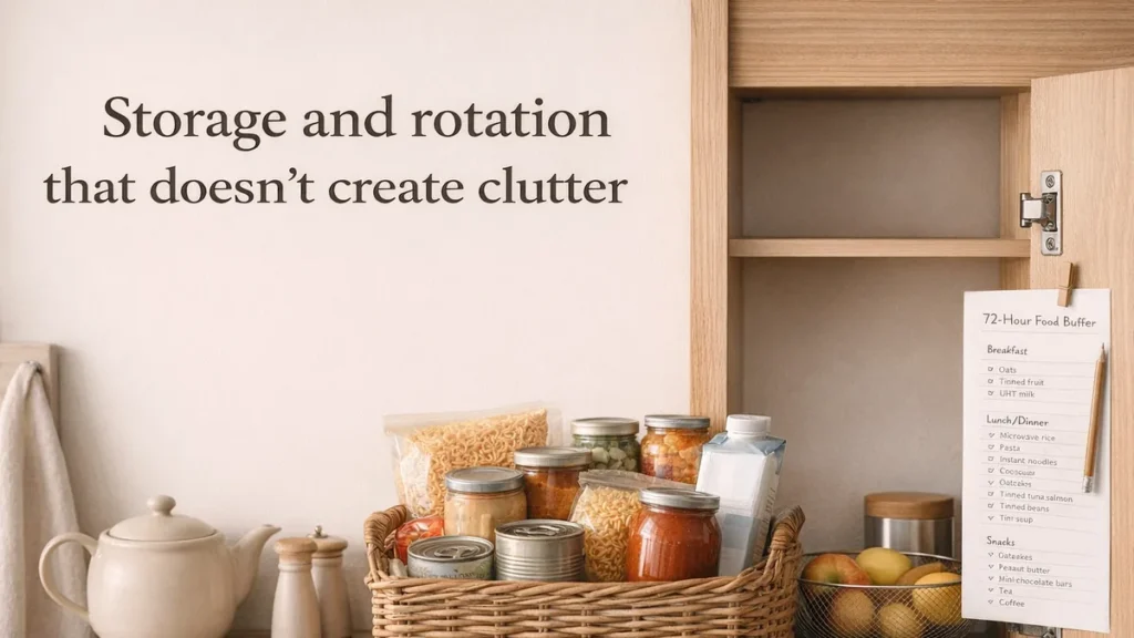 Buffer box of 72-hour food staples on a tidy UK kitchen counter with an open cupboard and a simple rotation checklist pinned inside.