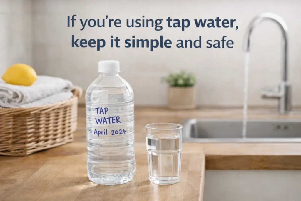 Kitchen counter with a bottle labelled “Tap Water April 2024” and a glass of water by a sink, with text saying “If you’re using tap water, keep it simple and safe”.