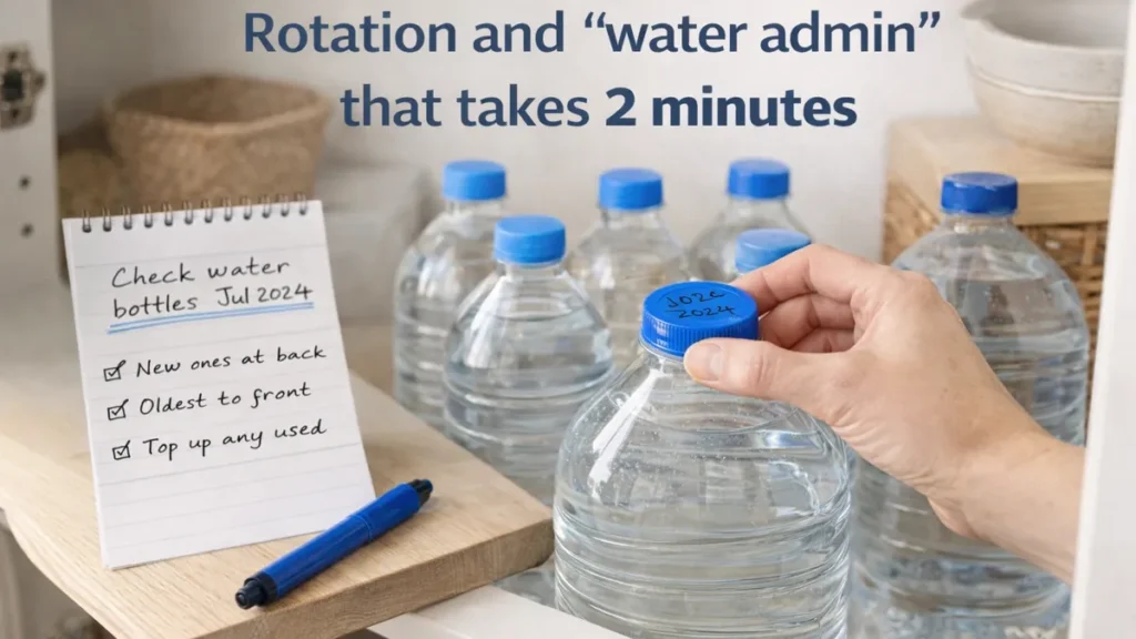 Hand labelling a water bottle cap while rotating stored water bottles in a UK kitchen cupboard with a simple checklist.
