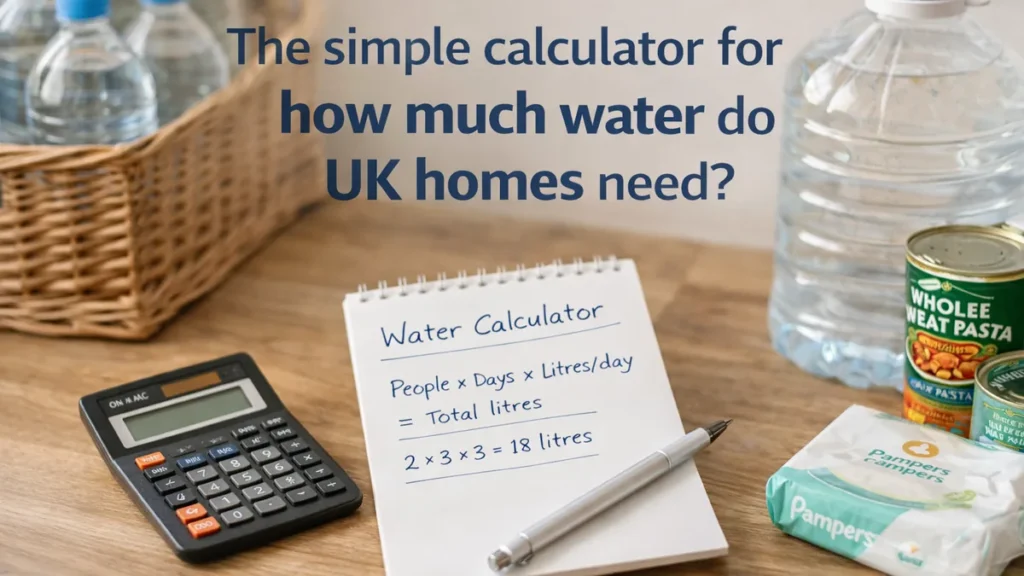 Notepad showing a simple water calculator formula with a calculator and water bottles on a wooden table in a bright UK home.