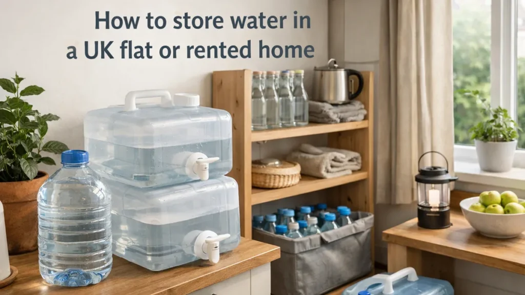 Compact water storage setup in a UK flat kitchen with stackable water containers, bottled water on a shelf, and a small jerry can by the window. how much water do uk homes need