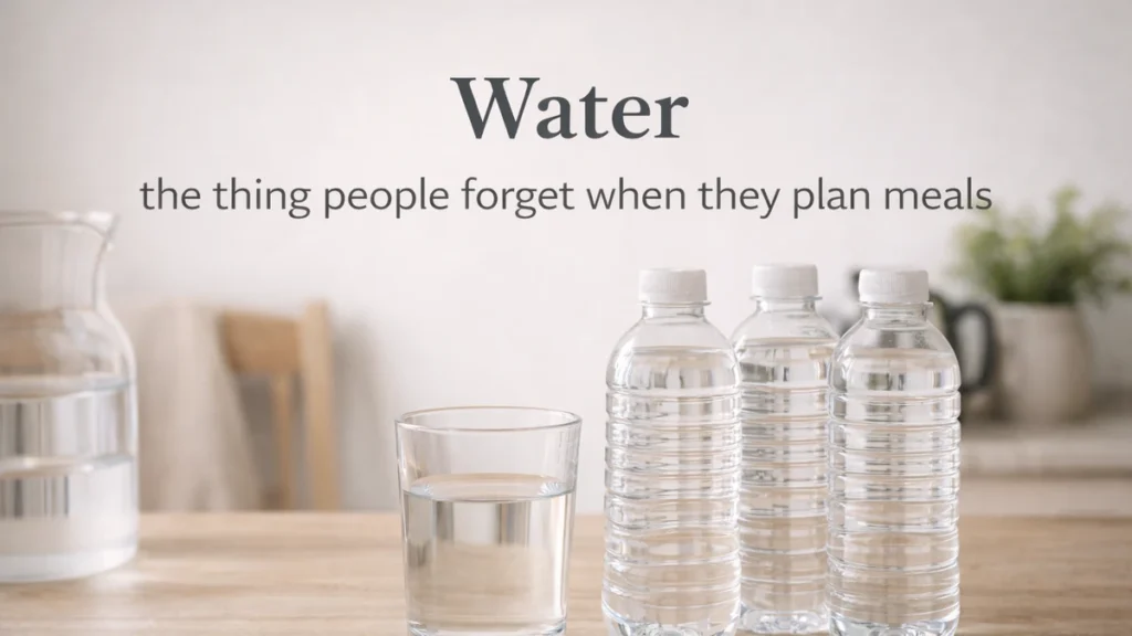 Glass and bottles of water on a tidy UK kitchen table with headline text, reminding readers to include water in a 72-hour meal plan.