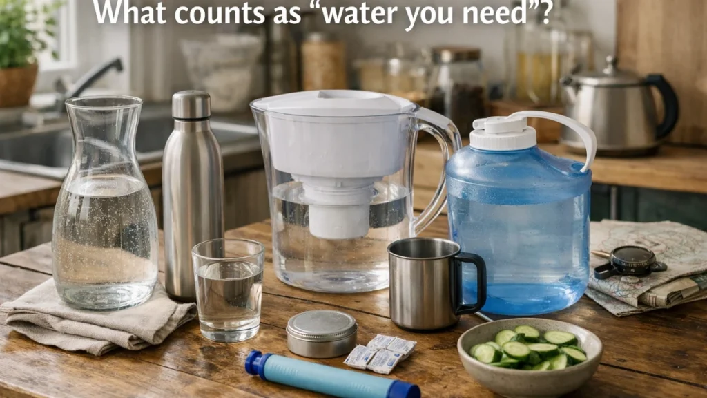 Calm UK kitchen table with a water jug, filtered water pitcher, reusable bottle, glass and mug in soft daylight, illustrating what counts as water you need.