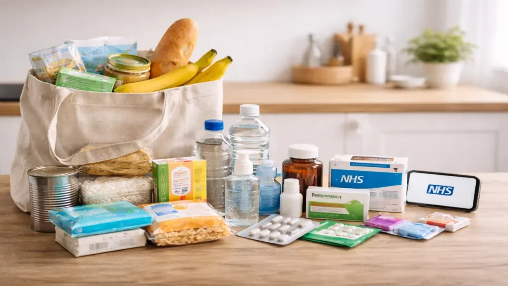 Budget-friendly UK kitchen table with a tote bag of pantry basics and a small selection of everyday health items, styled in soft daylight with clean space for a headline. health prepping mistakes
