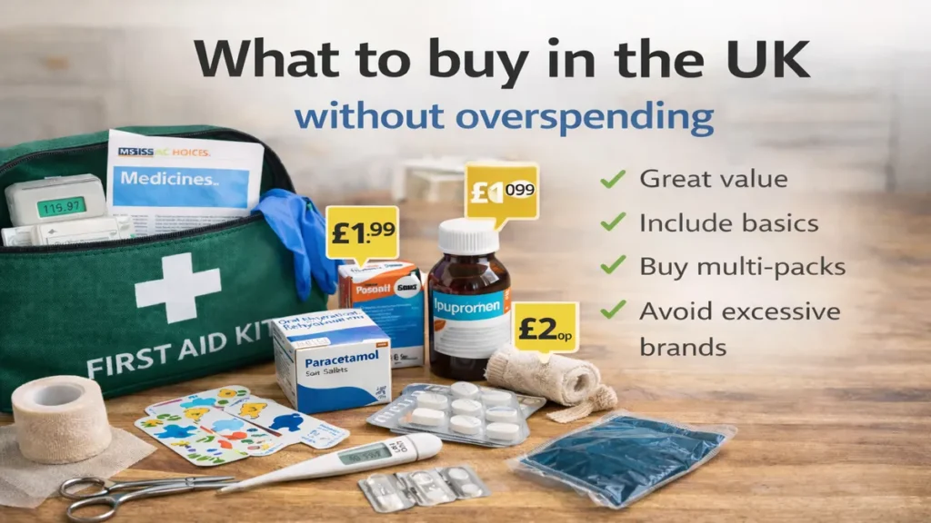 First aid kit and affordable essentials on a wooden table in a UK home, with text overlay “What to buy in the UK without overspending” and simple money-saving tips.