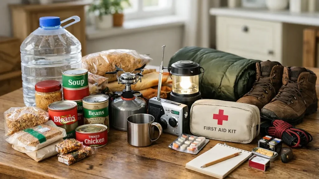Emergency supplies laid out on a wooden table in a bright UK home, including water container, tinned food, first aid kit, lantern, radio, and batteries.