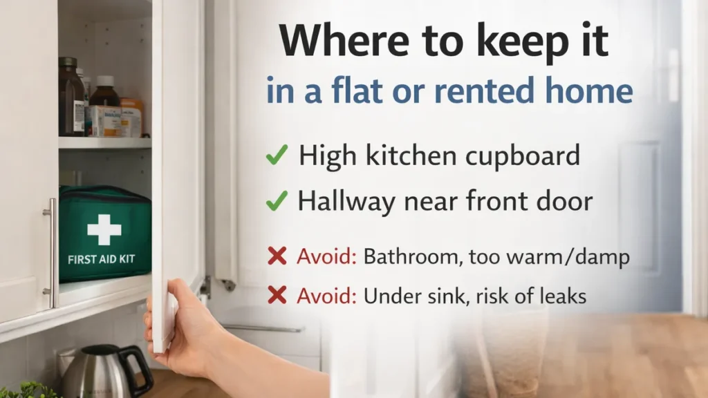 First aid kit stored in a high kitchen cupboard in a UK flat, with text overlay showing safe places to keep it and spots to avoid.