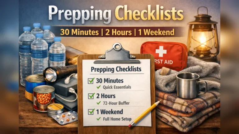 Prepping checklists feature image showing “30 Minutes, 2 Hours, 1 Weekend” with a clipboard checklist, bottled water, torch, tins, first aid kit and blankets.