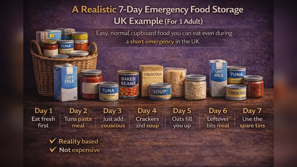 Photorealistic layout of a realistic 7-day emergency food plan for one adult in the UK using everyday cupboard items.